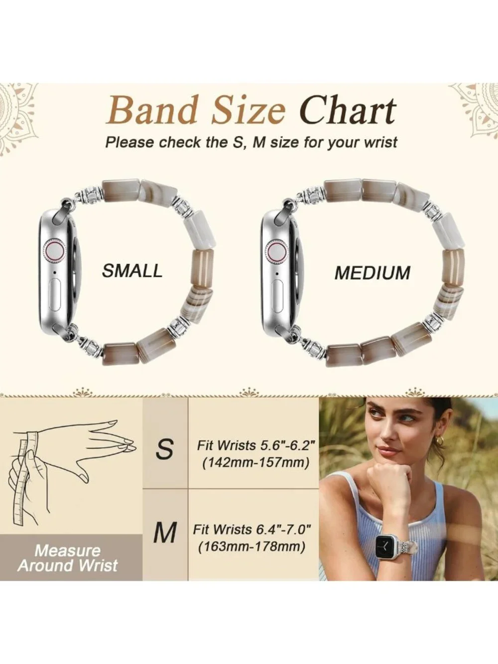 Handmade Natural Agate Beaded Bracelet for Apple Watch - Boho Stretch Strap